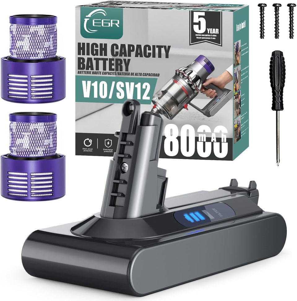 EGR V10 battery front view showing compact design for extended cleaning sessions