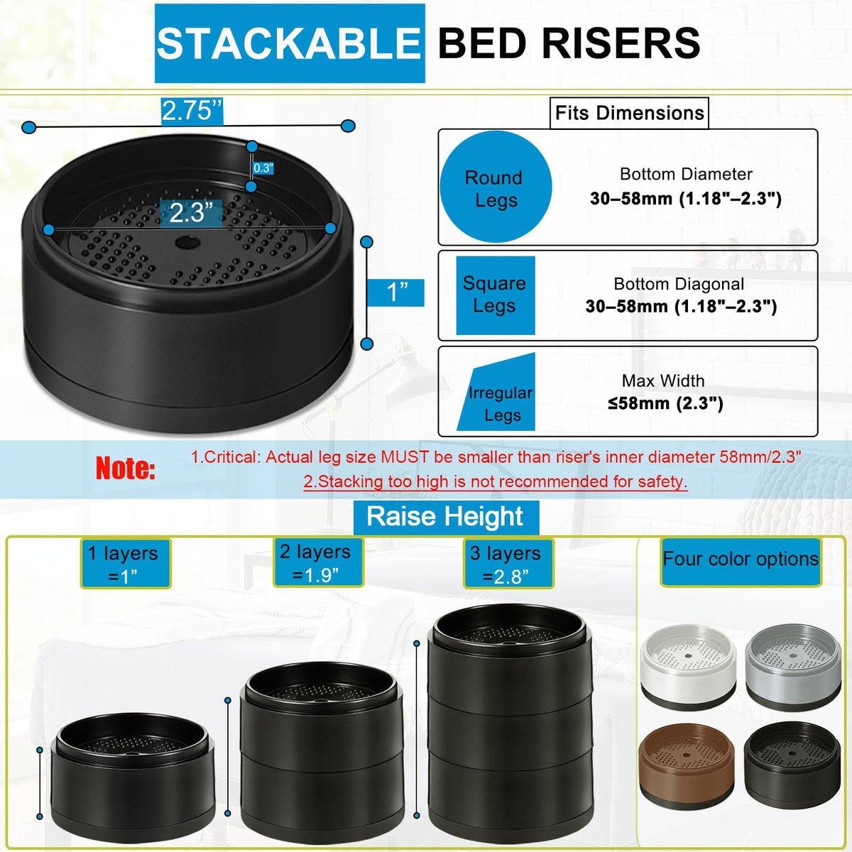 EGTTGIN stackable bed risers reach about two inches for ergonomic desk height.