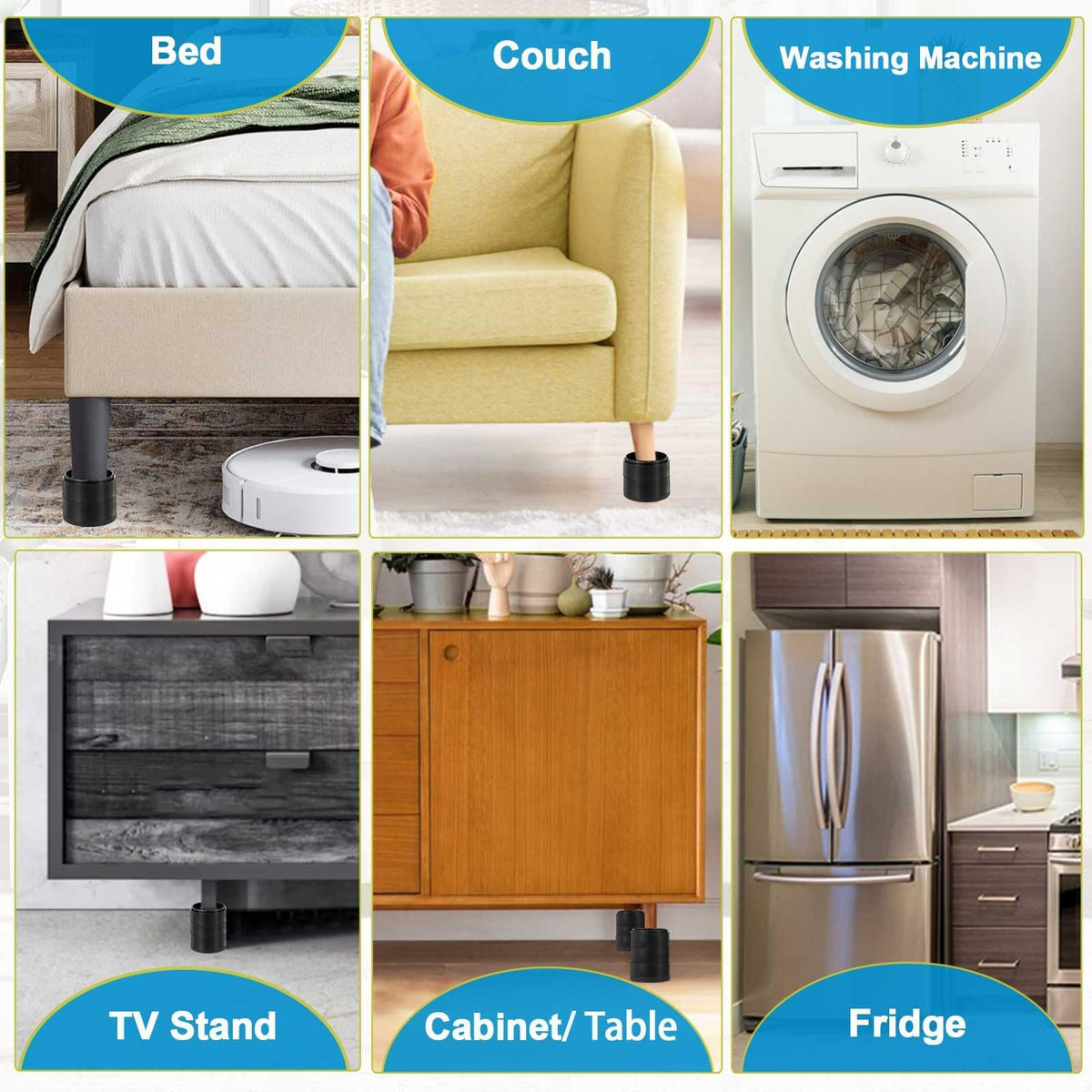 EGTTGIN bed risers fit round, square, and rectangular legs securely.