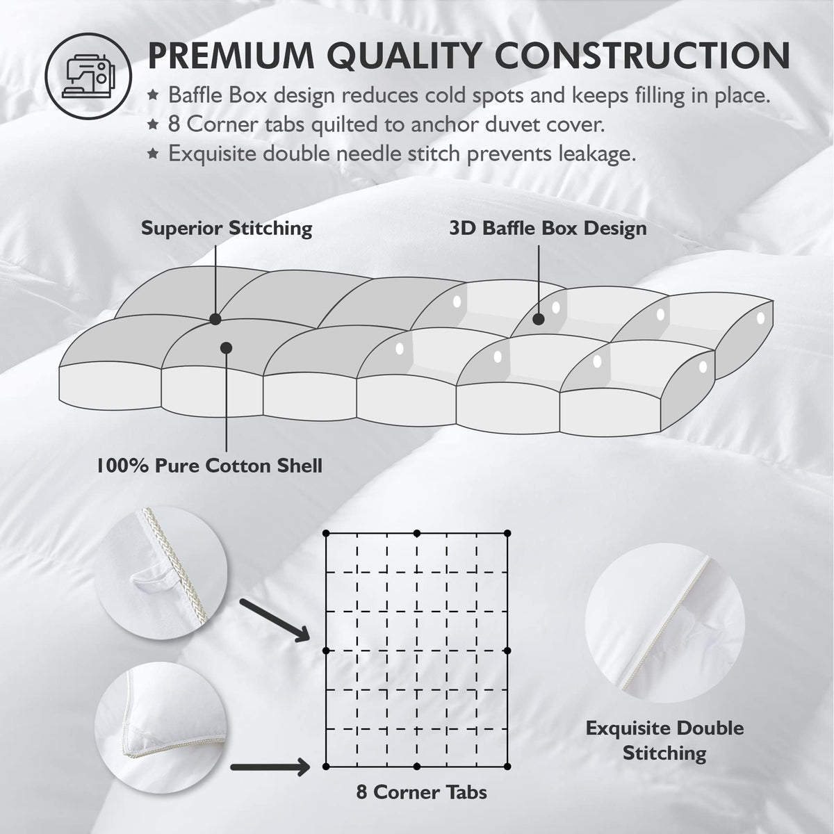 Egyptian Bedding baffle box structure maintains even fill distribution