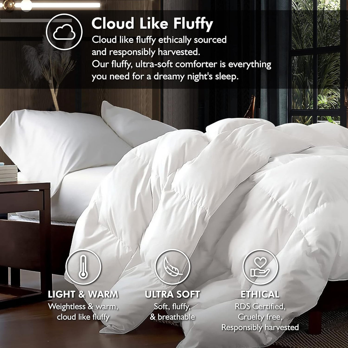 Egyptian Bedding 100% Egyptian cotton cover on comforter highlights breathable luxury.