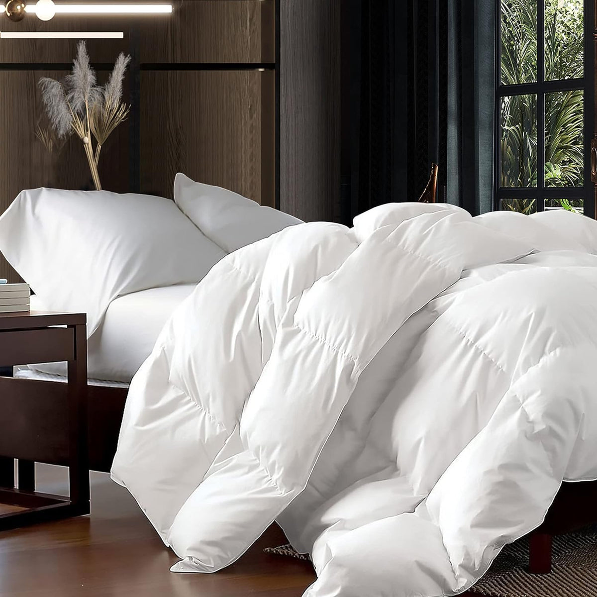 Egyptian Bedding oversized queen comforter on bed showing 98x98 inches for all-season warmth.