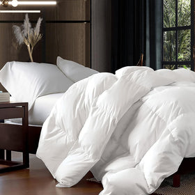 Egyptian Bedding oversized queen comforter on bed showing 98x98 inches for all-season warmth.