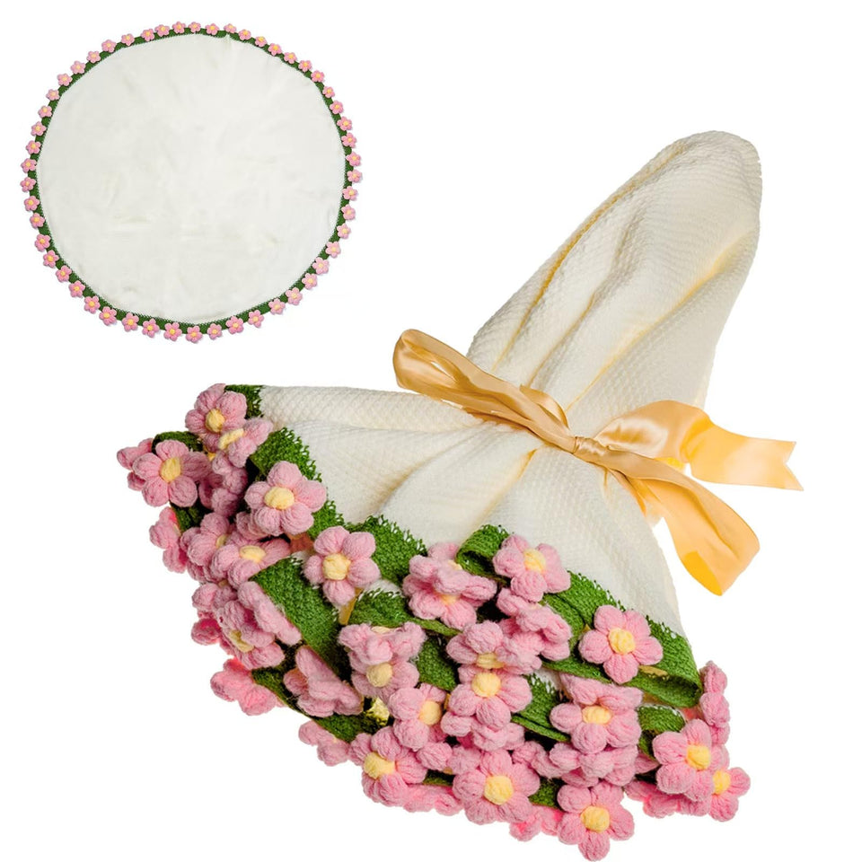 EIGHTOWN 43'' crochet flowers bouquet blanket on sofa adds cozy floral decor and season-long charm