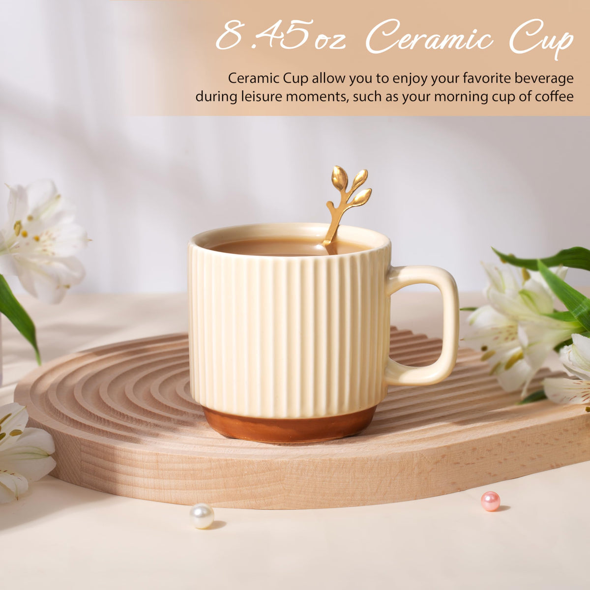 EIRNAY ceramic mug with spoon invites peaceful morning beverages.