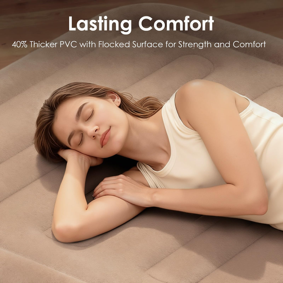 EISENFUER queen air mattress shows 18-inch height for easy access