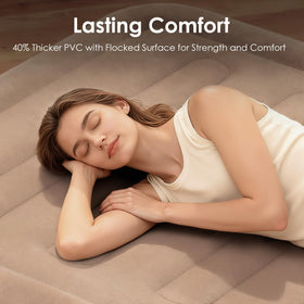 EISENFUER queen air mattress shows 18-inch height for easy access