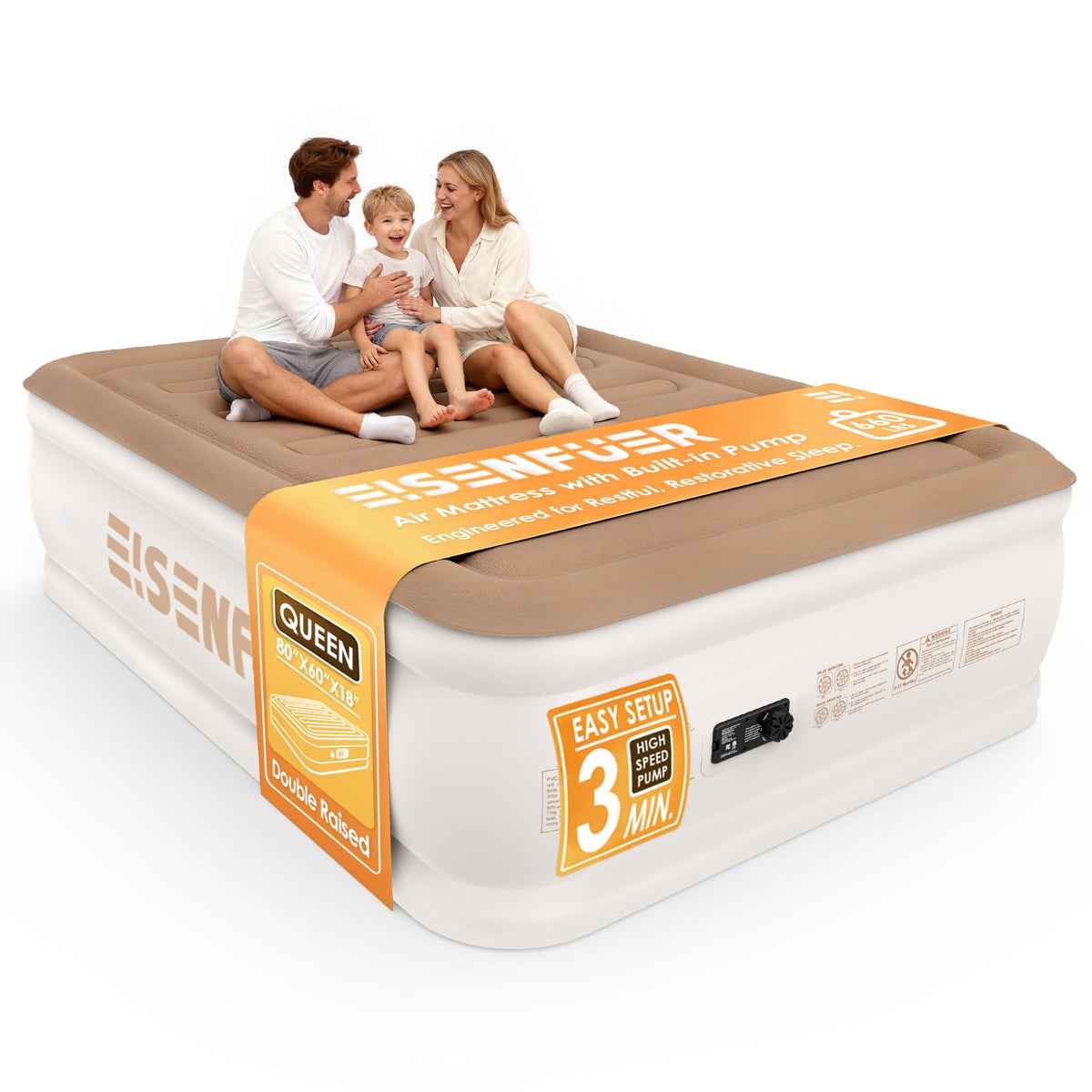EISENFUER air mattress queen with built-in pump ready for guestroom setup
