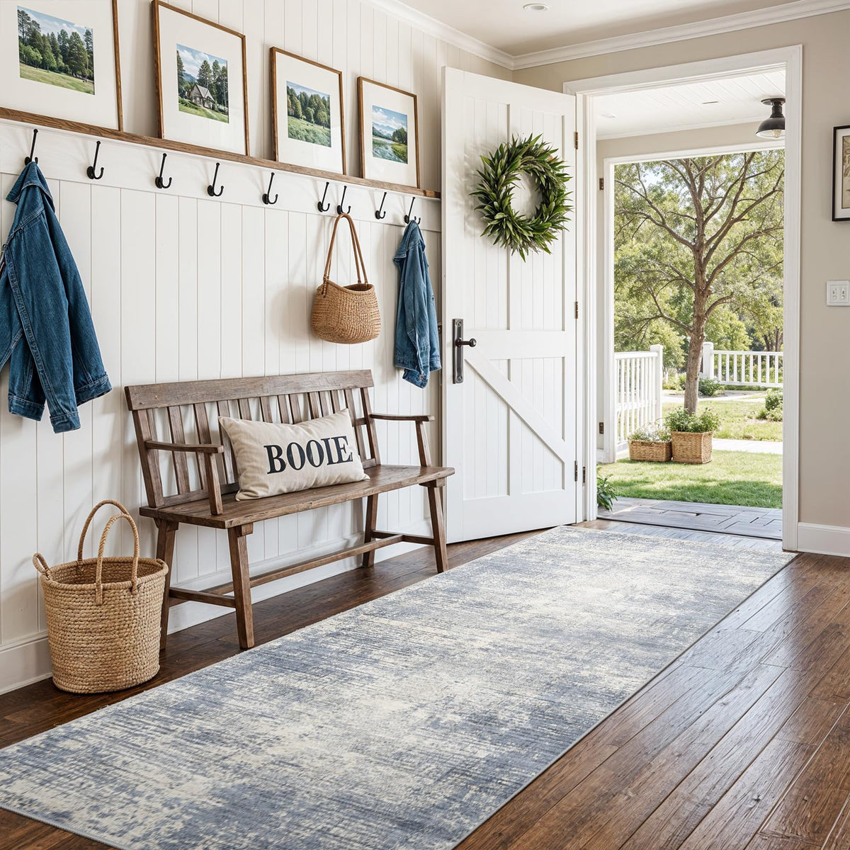 EISUROM 3x8 hallway runner in abstract blue-gray decor designed for busy entryways.