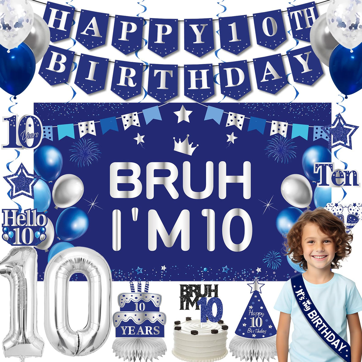 Eiurteao 10th birthday banner enhances blue-silver theme for milestone celebration