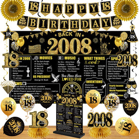 Eiurteao back-in-2008 banner backdrop for a bold black-gold 18th birthday party