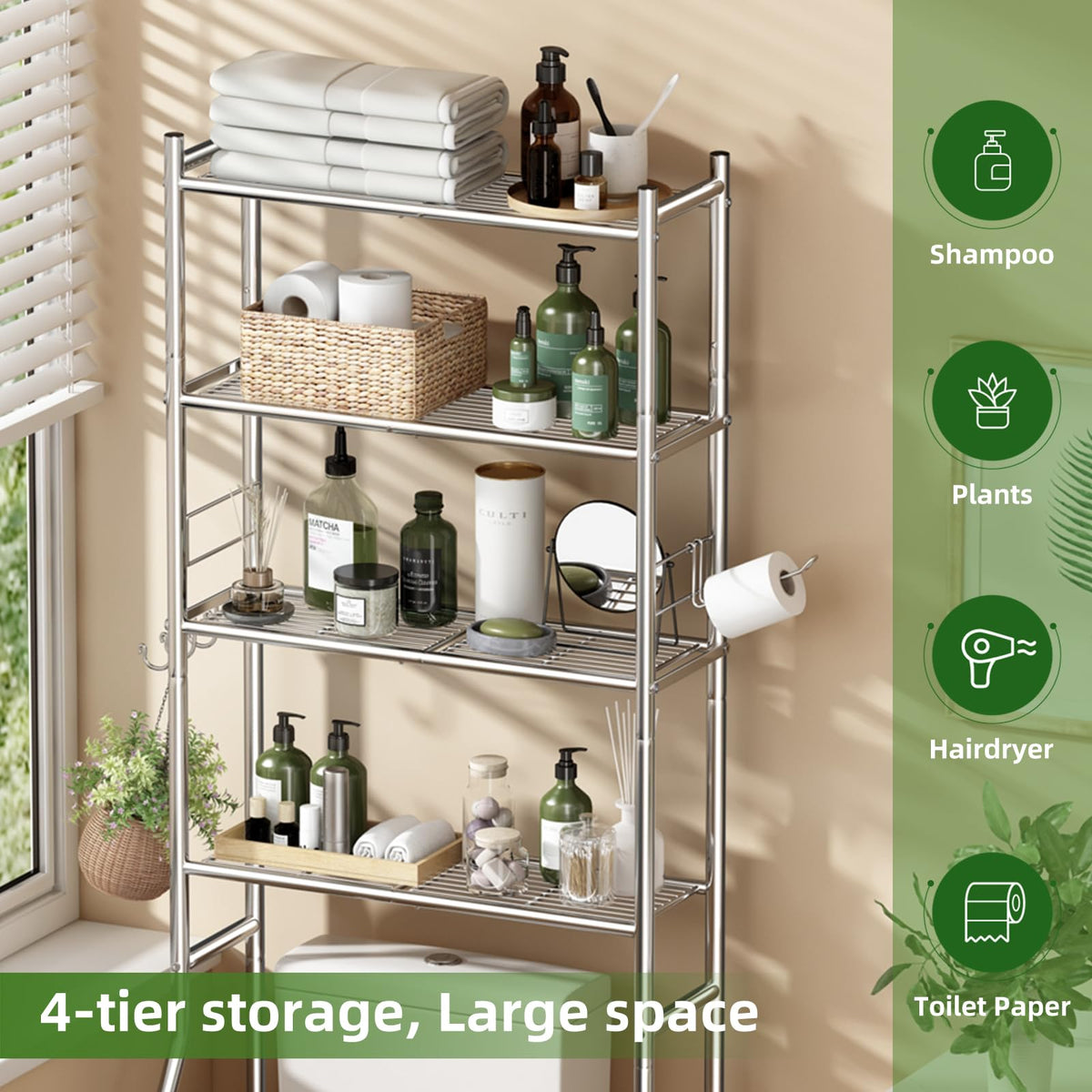 Ekisemio over-toilet shelf with dual toilet paper holders for quick, accessible refills.