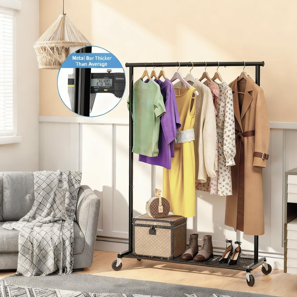 Ekisemio clothes rack offers 180-lb capacity for heavy garments and bulky storage.