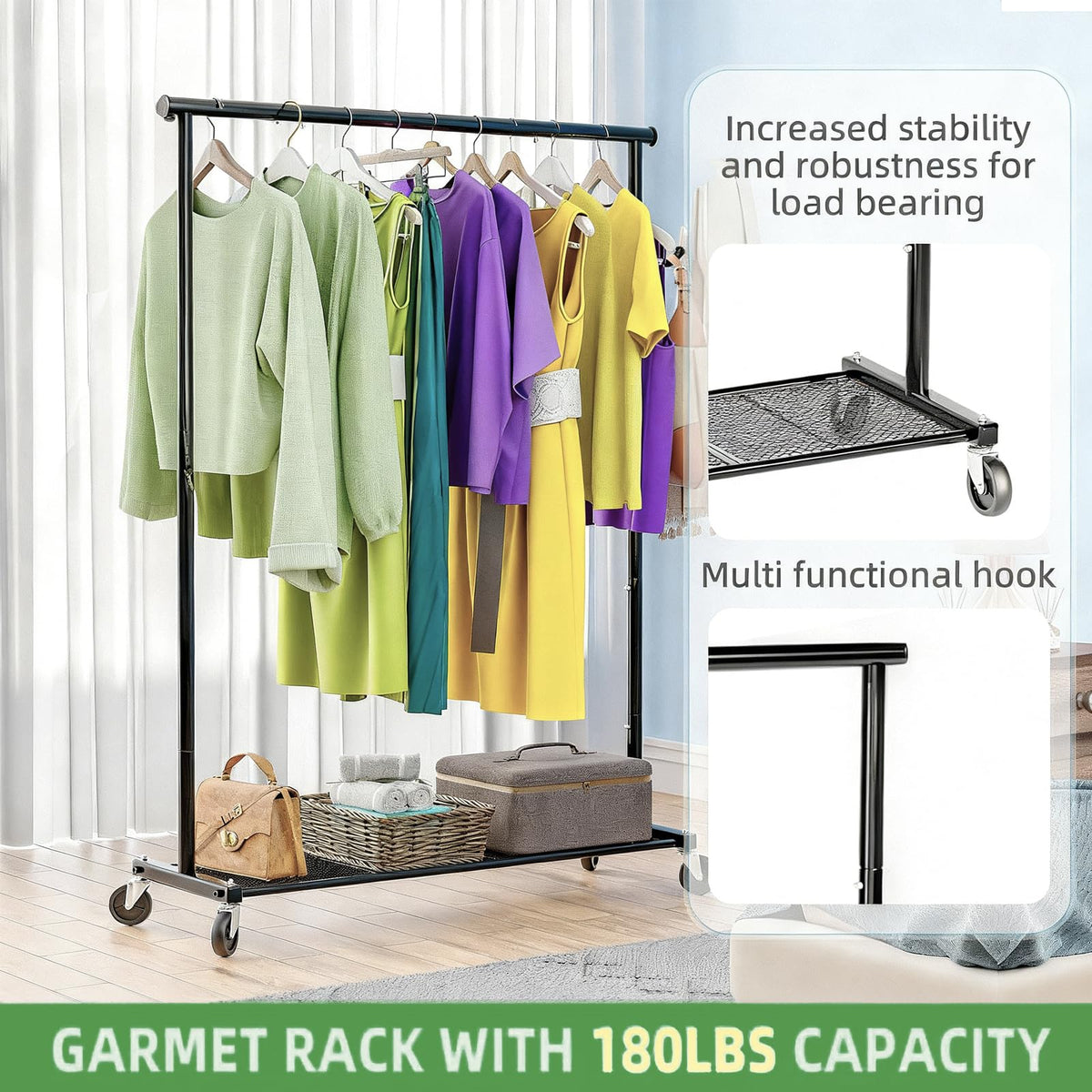 Ekisemio clothes rack features a wide 45-inch base for added stability and balance.