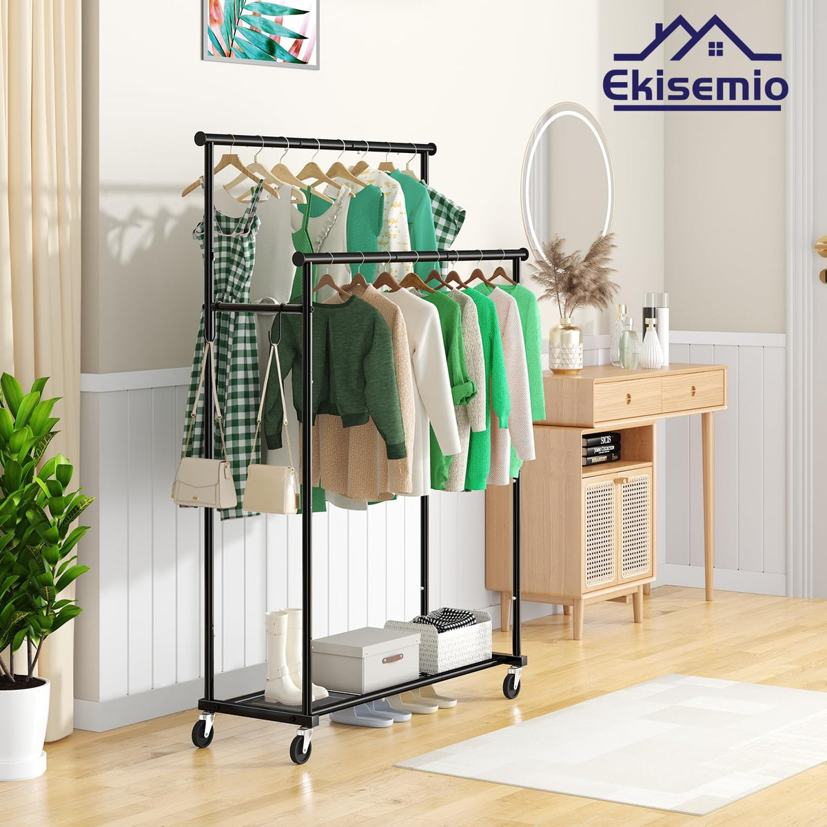 Ekisemio rack with wheels and locks for easy, secure movement
