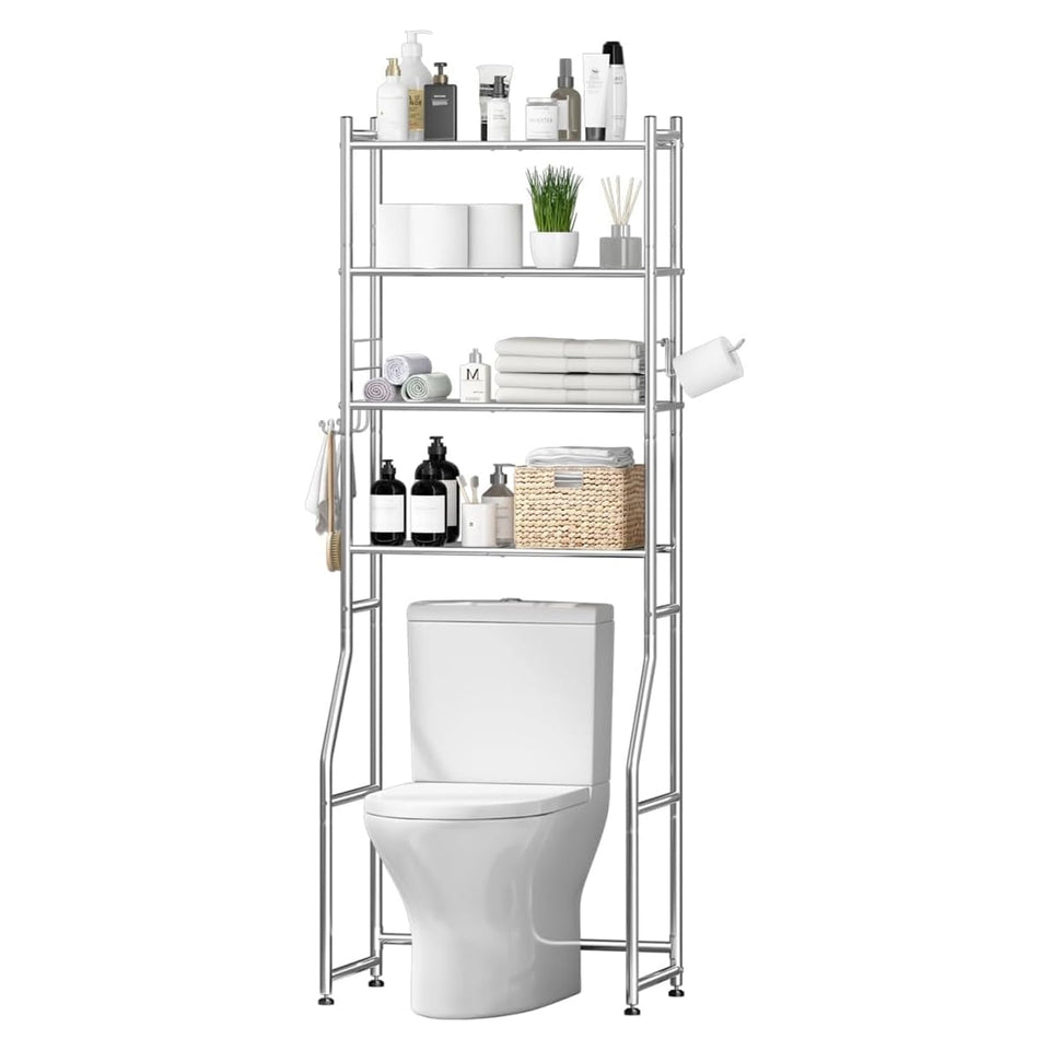 Ekisemio over-toilet storage with chrome finish and four tiers for easy bathroom organization.
