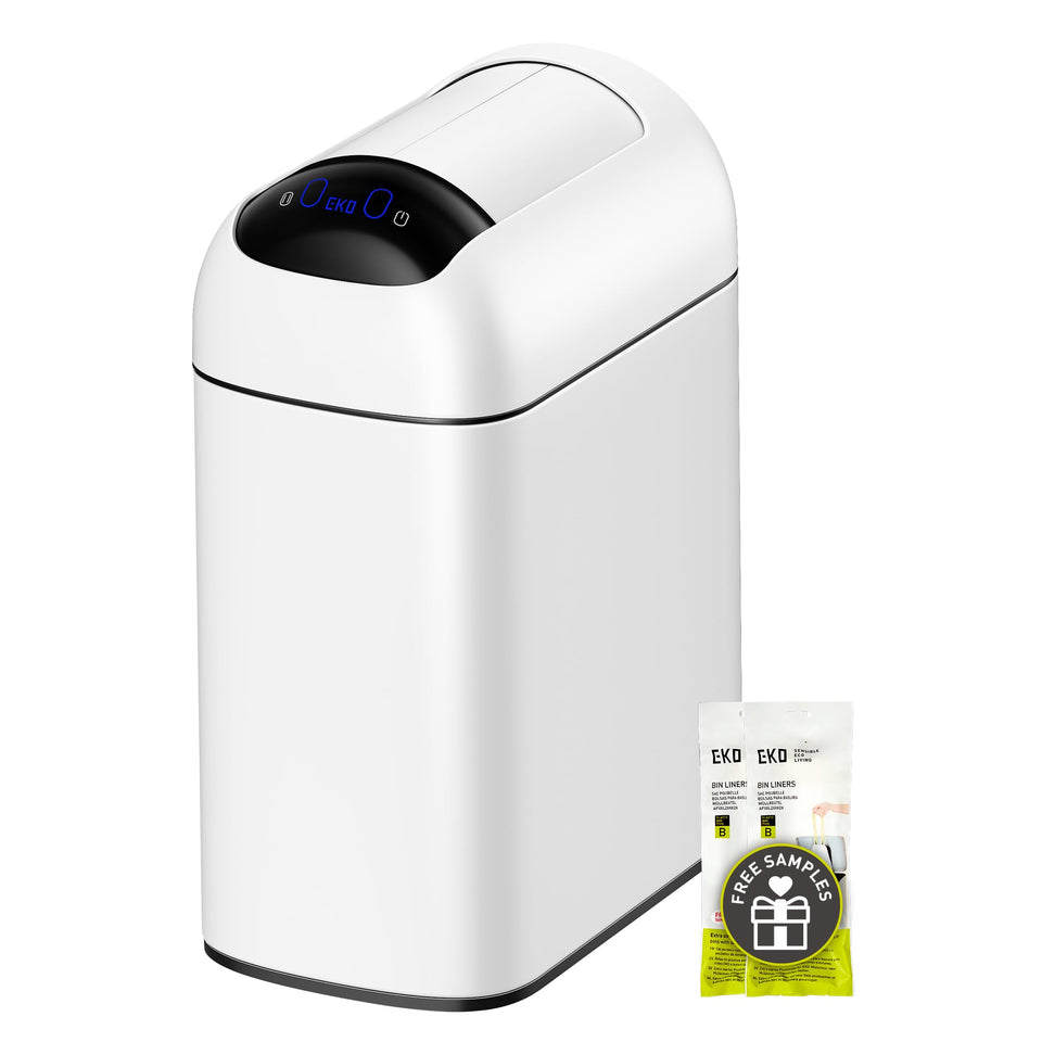 EKO Astro Slim sensor trash can front view with a sleek stainless steel finish for small spaces.