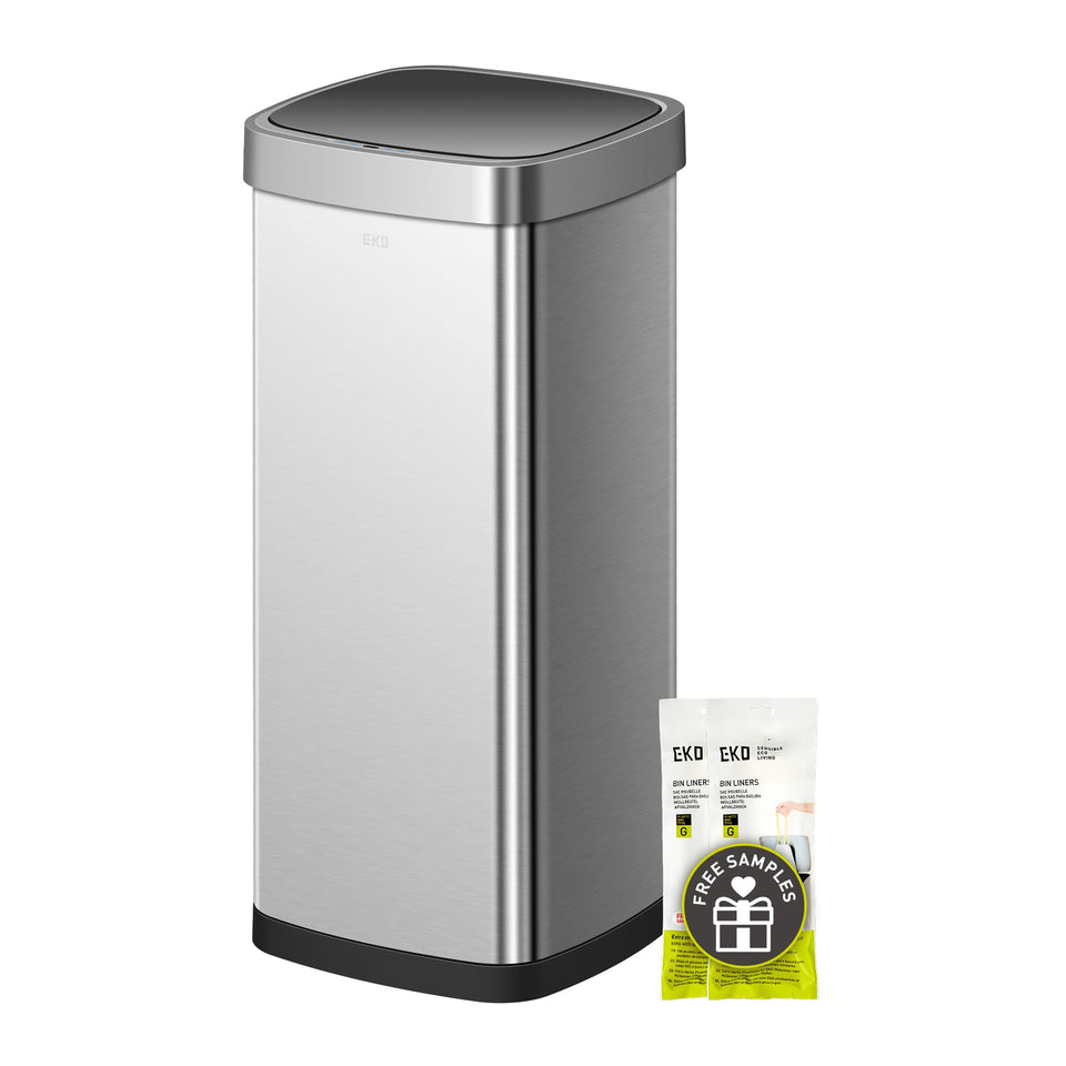 EKO EcoSmart tall trash can with brushed stainless steel showing spacious 80L capacity