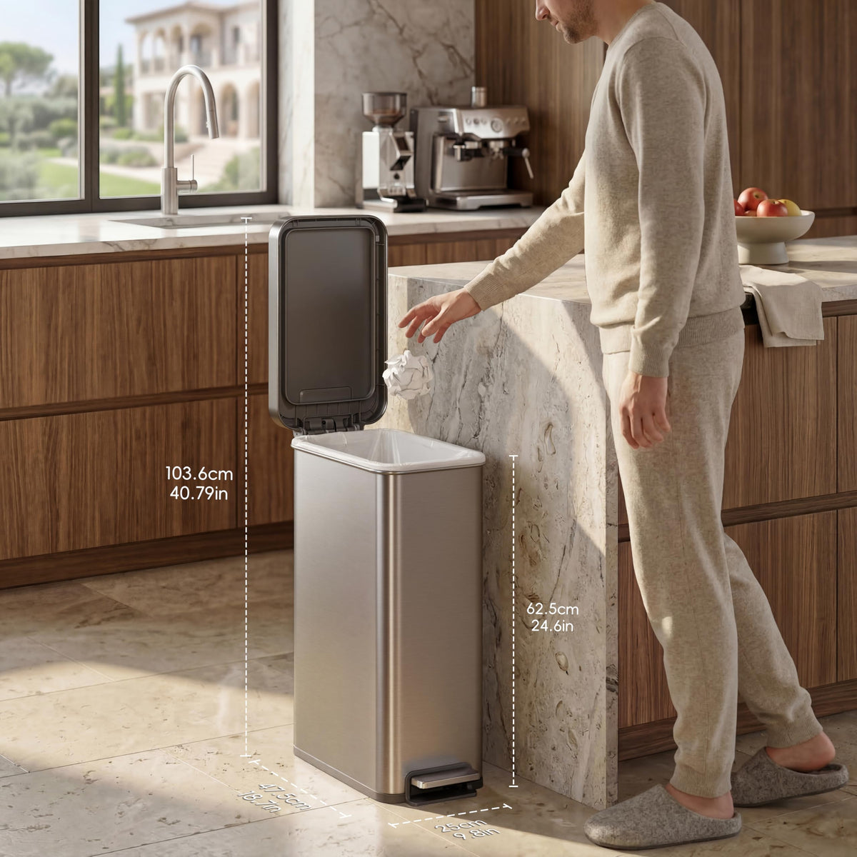 EKO Hudson Slim 50L beside appliances demonstrates compact placement for small kitchens.