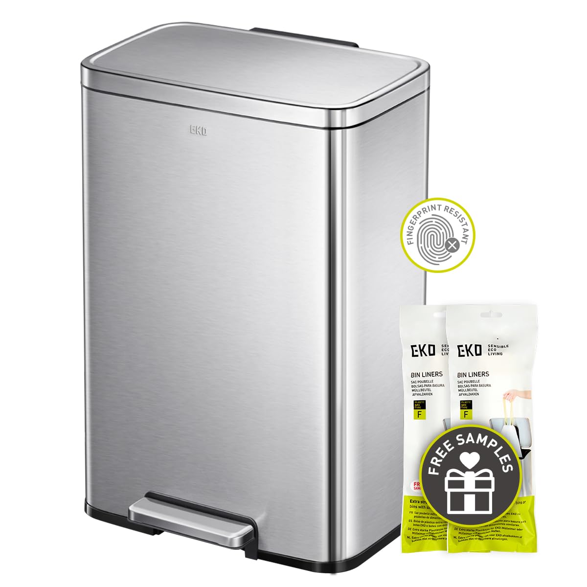 EKO Madison brushed stainless steel trash can with fingerprint resistance for a clean look.