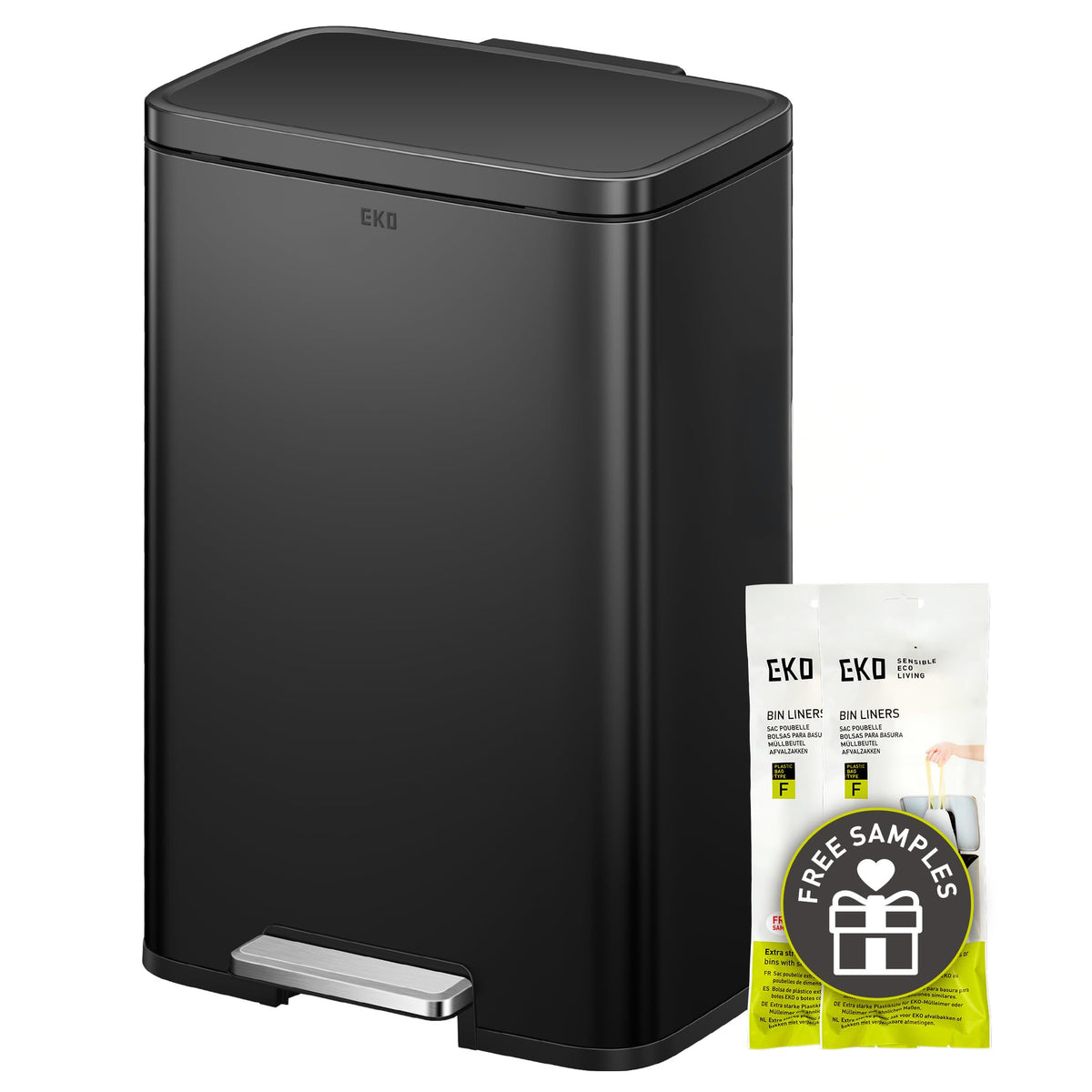 EKO Madison matte black trash can with foot pedal for hands-free disposal.