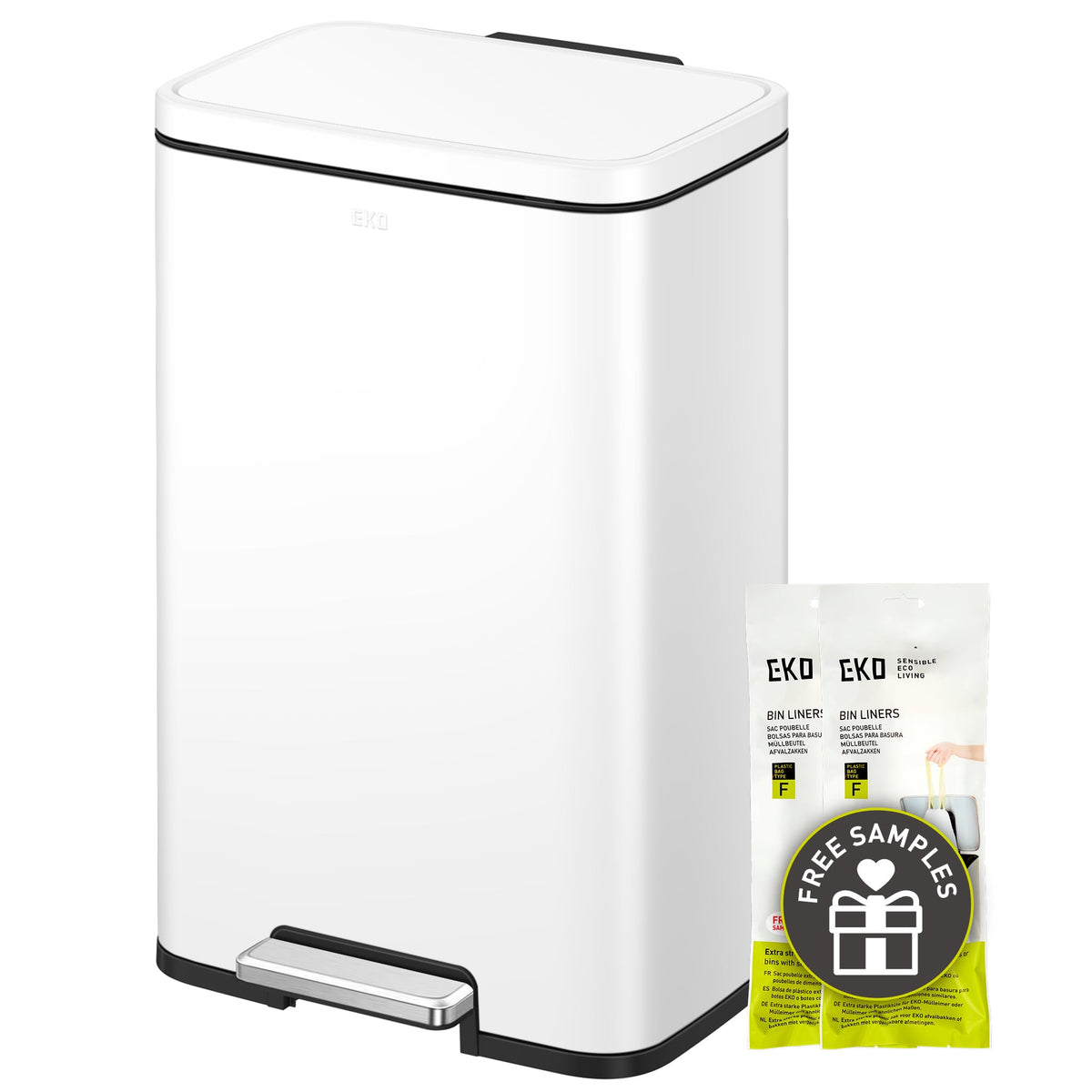 EKO Madison matte white trash can front view with fingerprint-resistant finish.