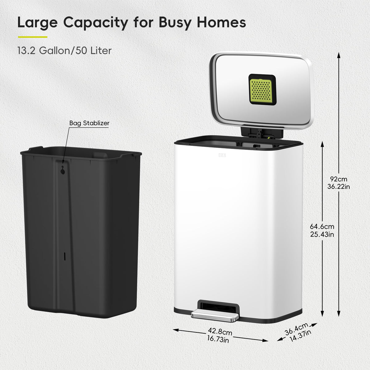 EKO Madison matte white trash can side view showing compact footprint.