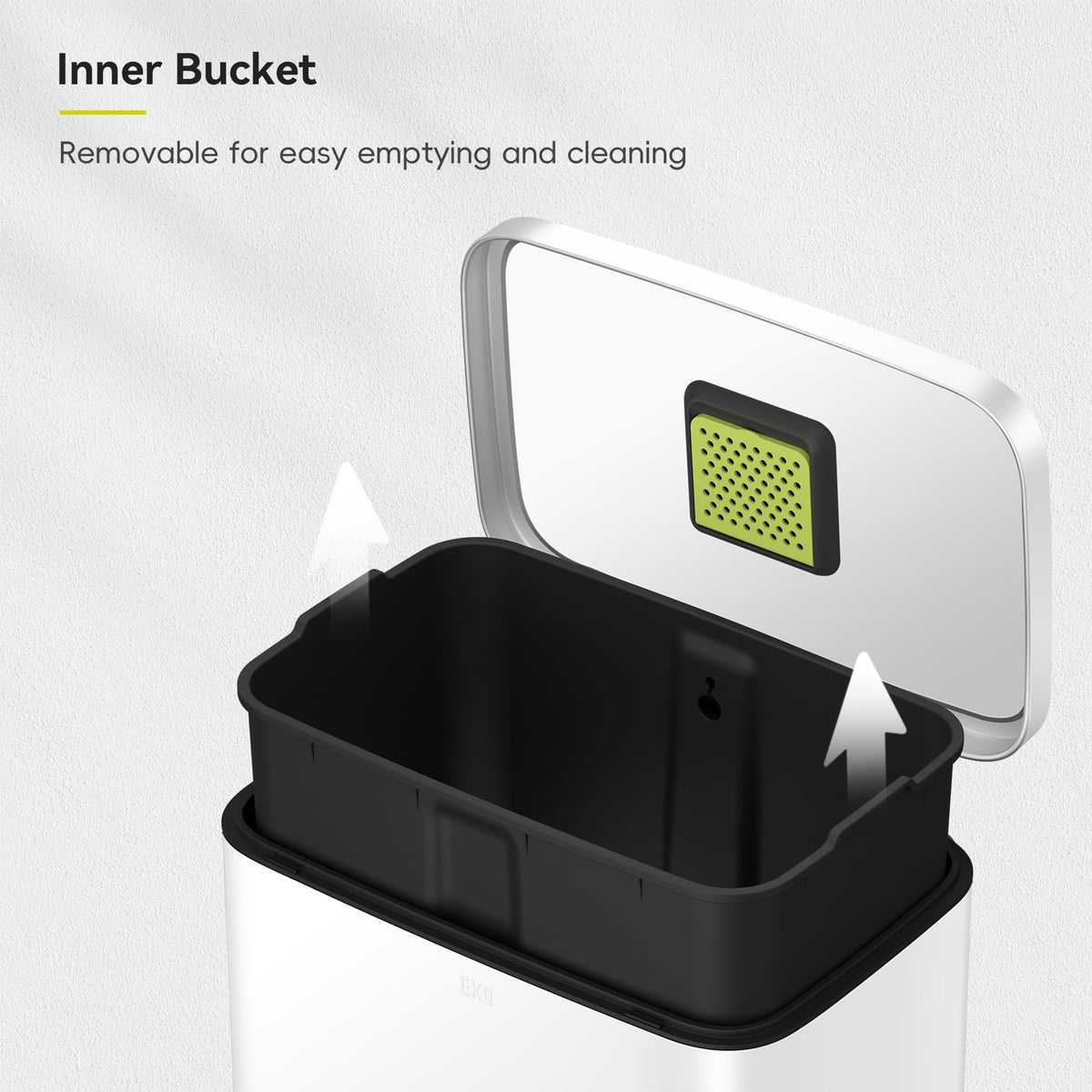EKO Madison raised inner bucket with handles simplifies bag changes.