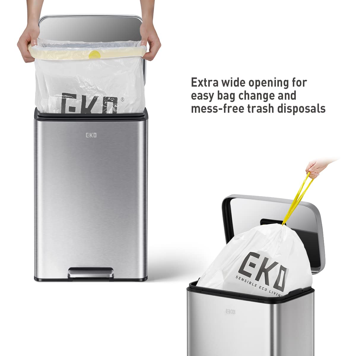 EKO Madison stay-open lid lock enables hands-free bag changes.