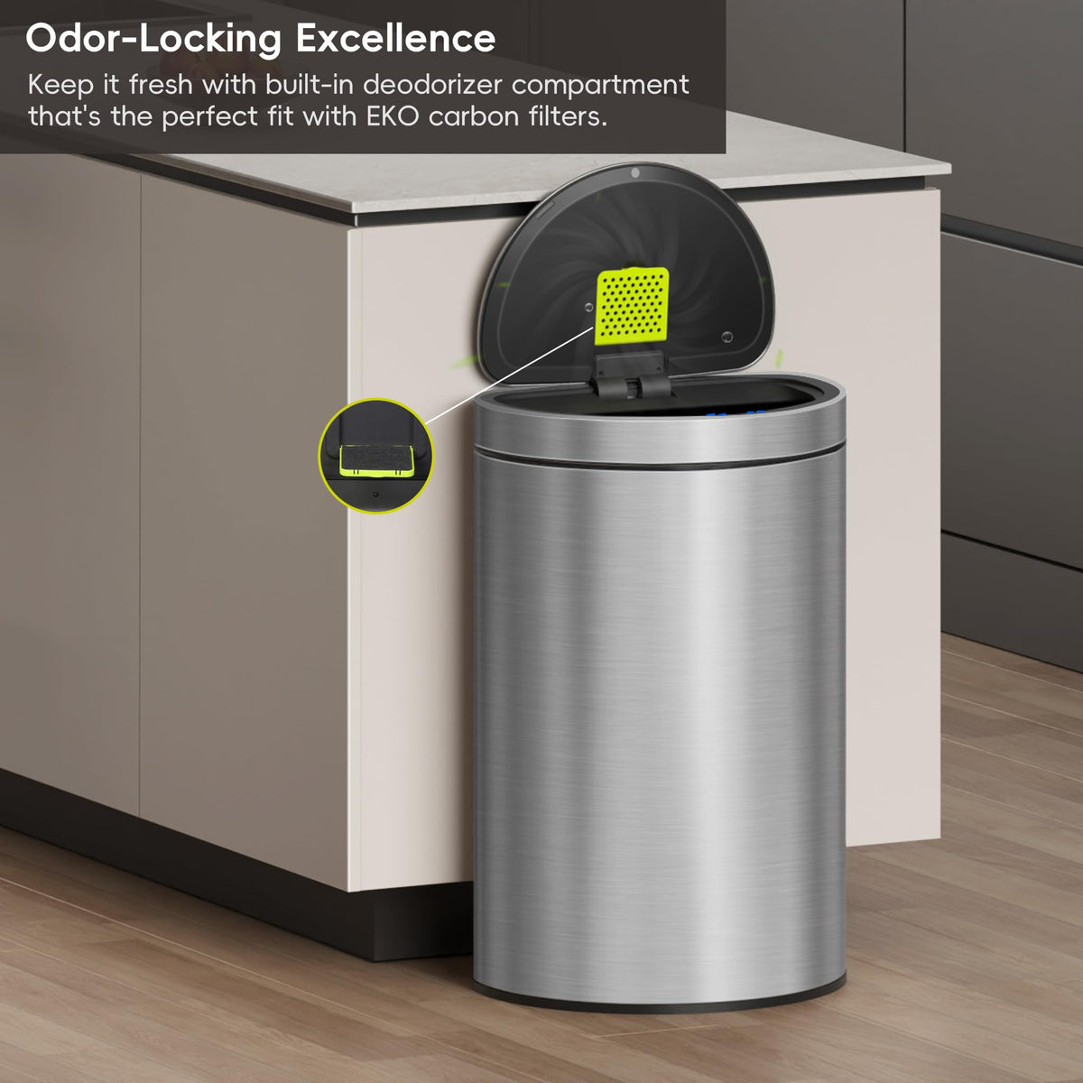 EKO Mirage space-saving semi-round design fits tight kitchen corners.