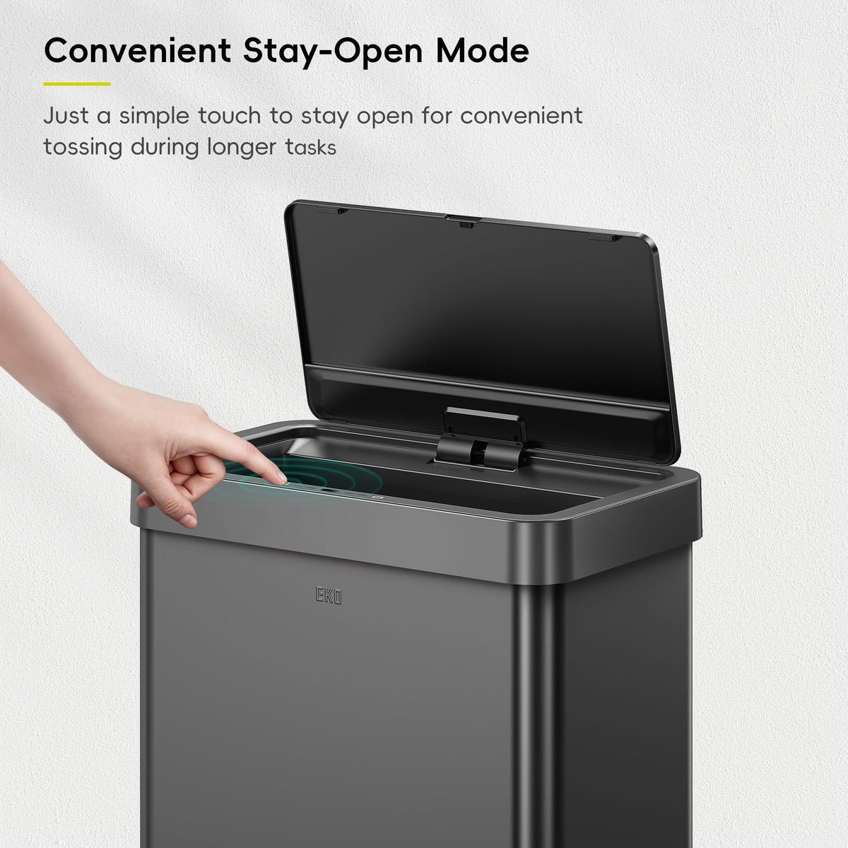 EKO Mirage X 80L lid open demonstrates hands free operation for simple disposal