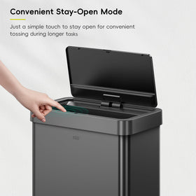 EKO Mirage X 80L lid open demonstrates hands free operation for simple disposal