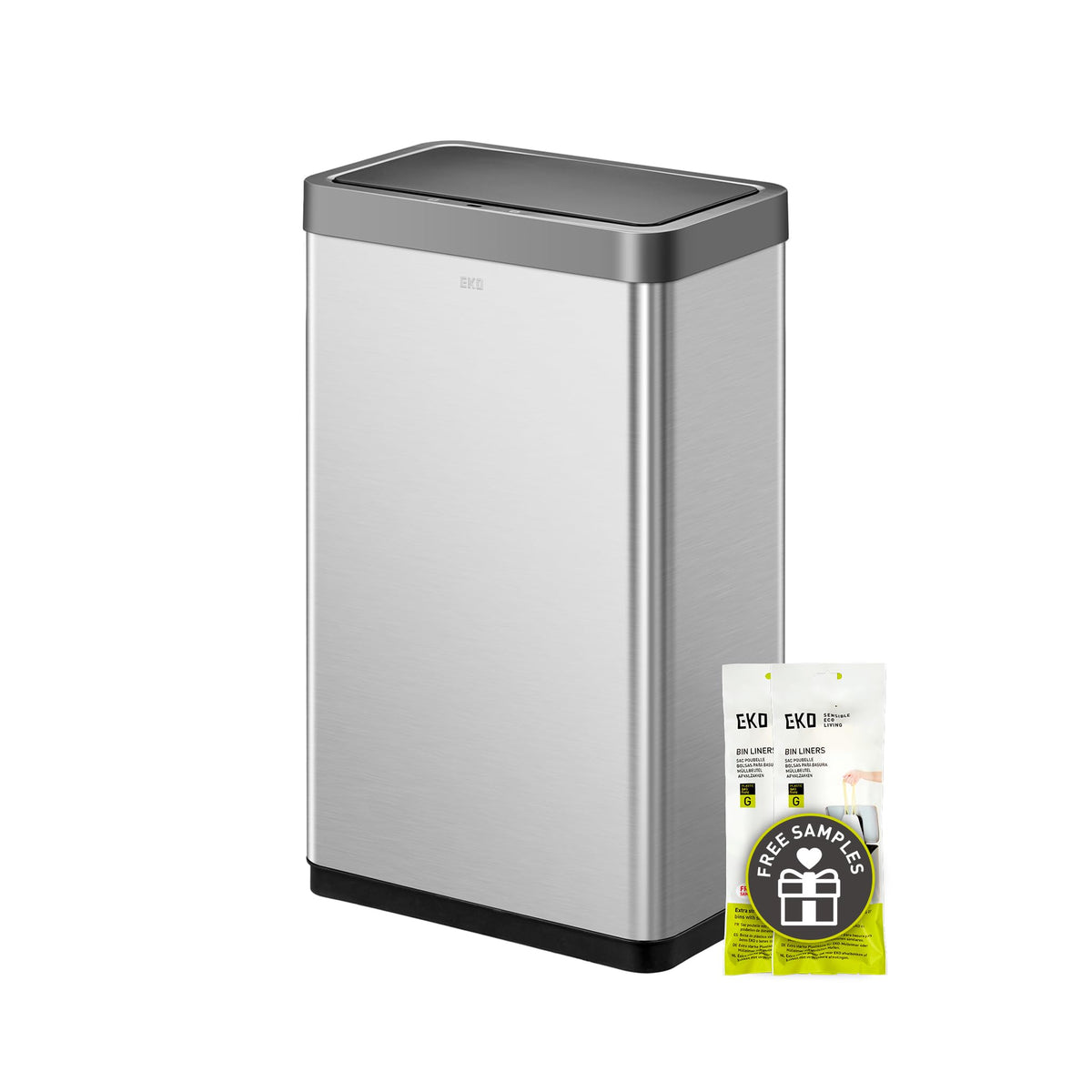 EKO Mirage X 80L trash can front view with fingerprint-resistant stainless steel.