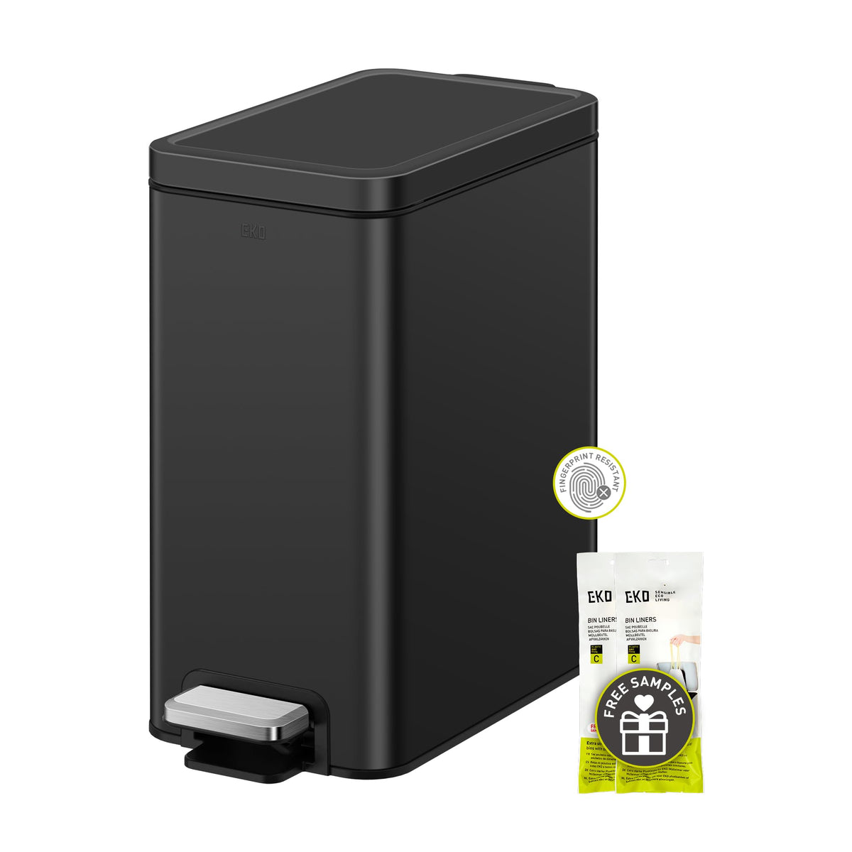 EKO small bathroom trash can with soft-close lid for silent disposal.