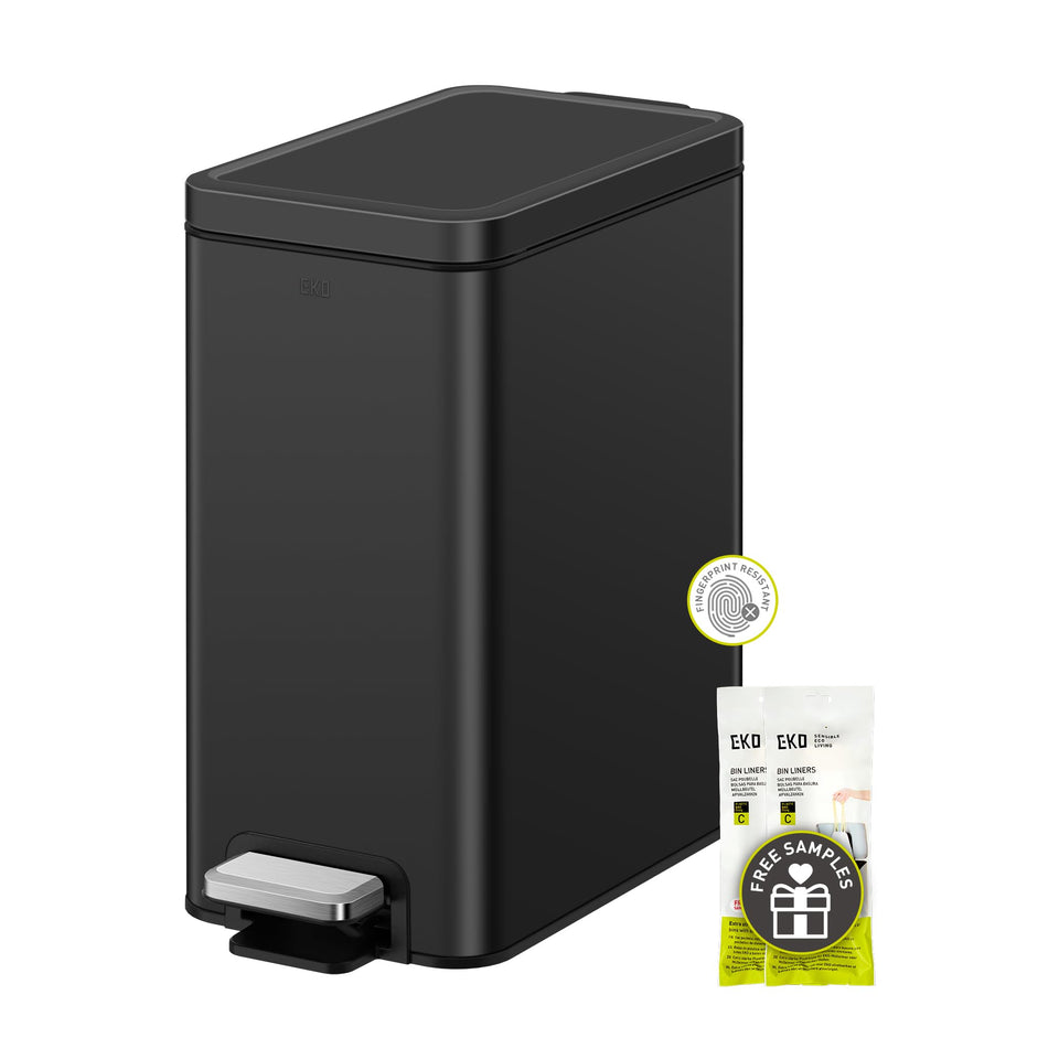 EKO small bathroom trash can with soft-close lid for silent disposal.