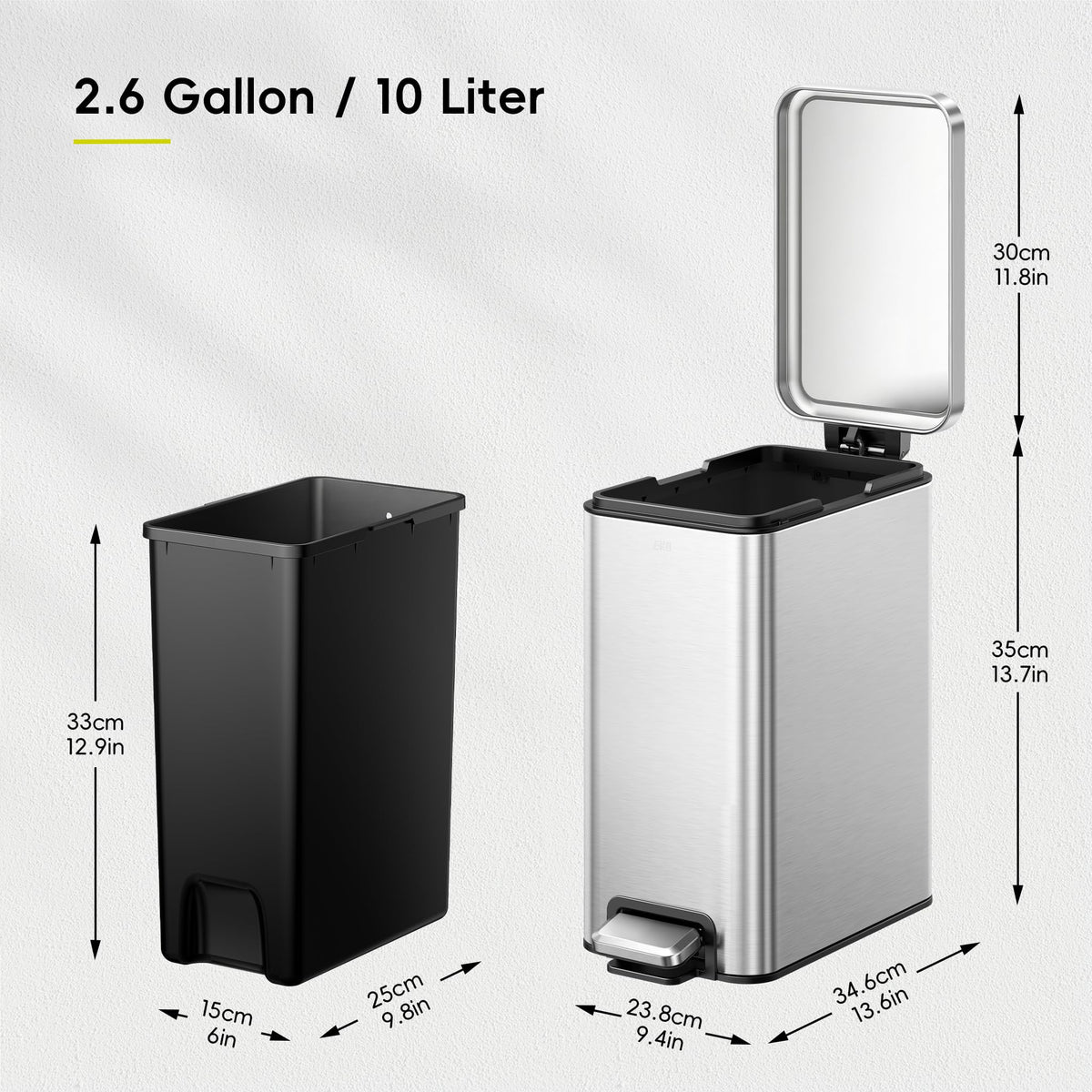 EKO small trash can with steel step-pedal for hands-free use.