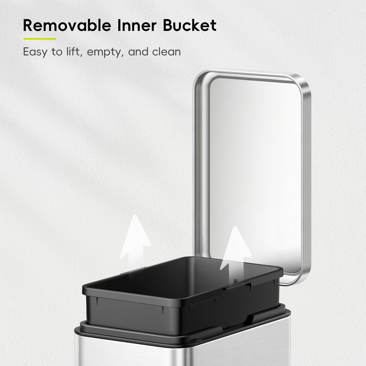 Removable inner bucket inside the EKO can for easy bag changes.