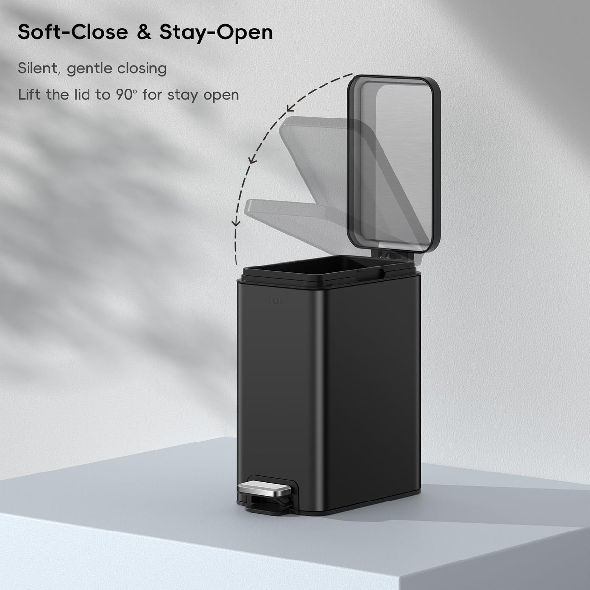 Sturdy step-on pedal on the EKO trash can for durable use.