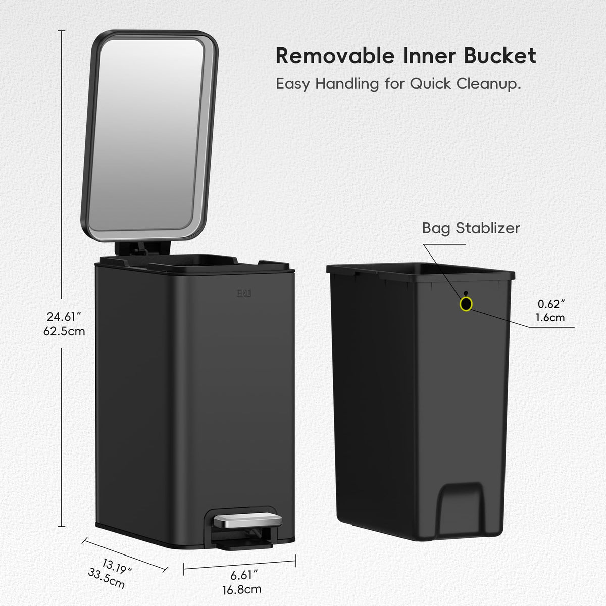 EKO 10L matte black stainless steel can with removable inner bucket.