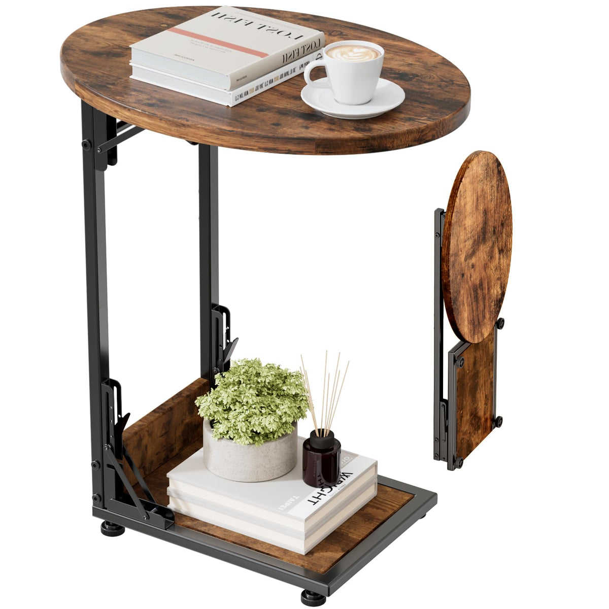 Elbourn folding side table with curved top beside a sofa for extra surface