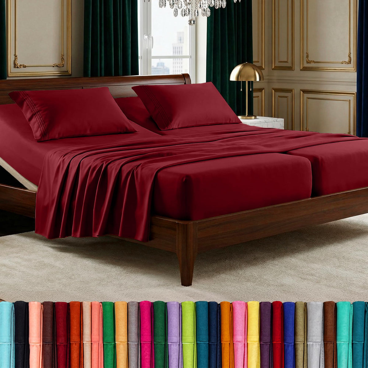 Elegant Comfort 1500 microfiber sheet set in burgundy with flat and fitted sheets for a smooth sleep surface.