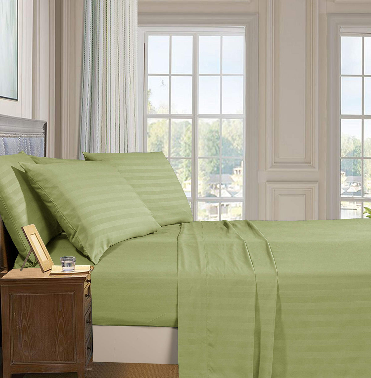 Elegant Comfort damask stripe close-up highlights elegant weave and durability.