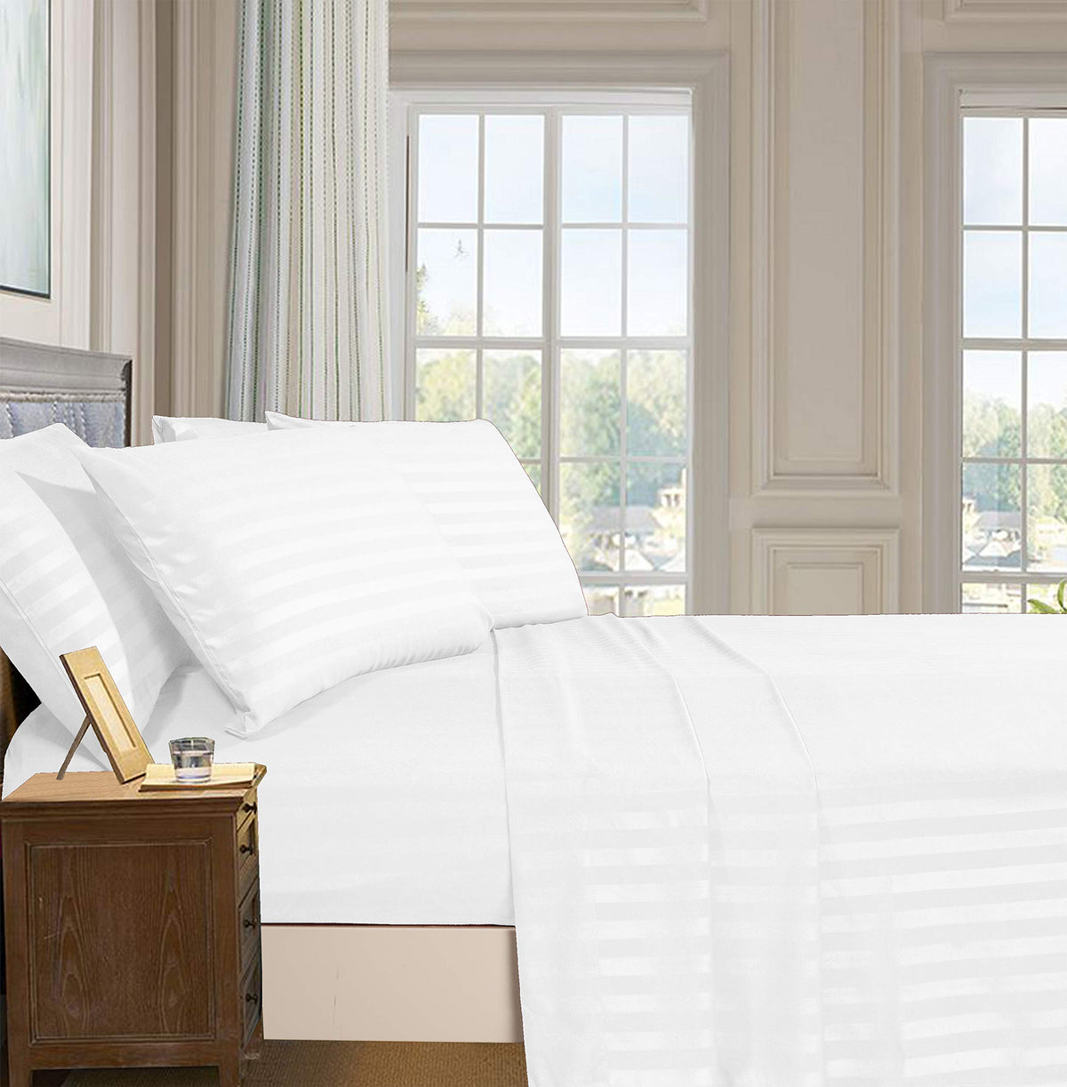 Elegant Comfort damask stripe detail highlights refined texture for hotel-inspired style