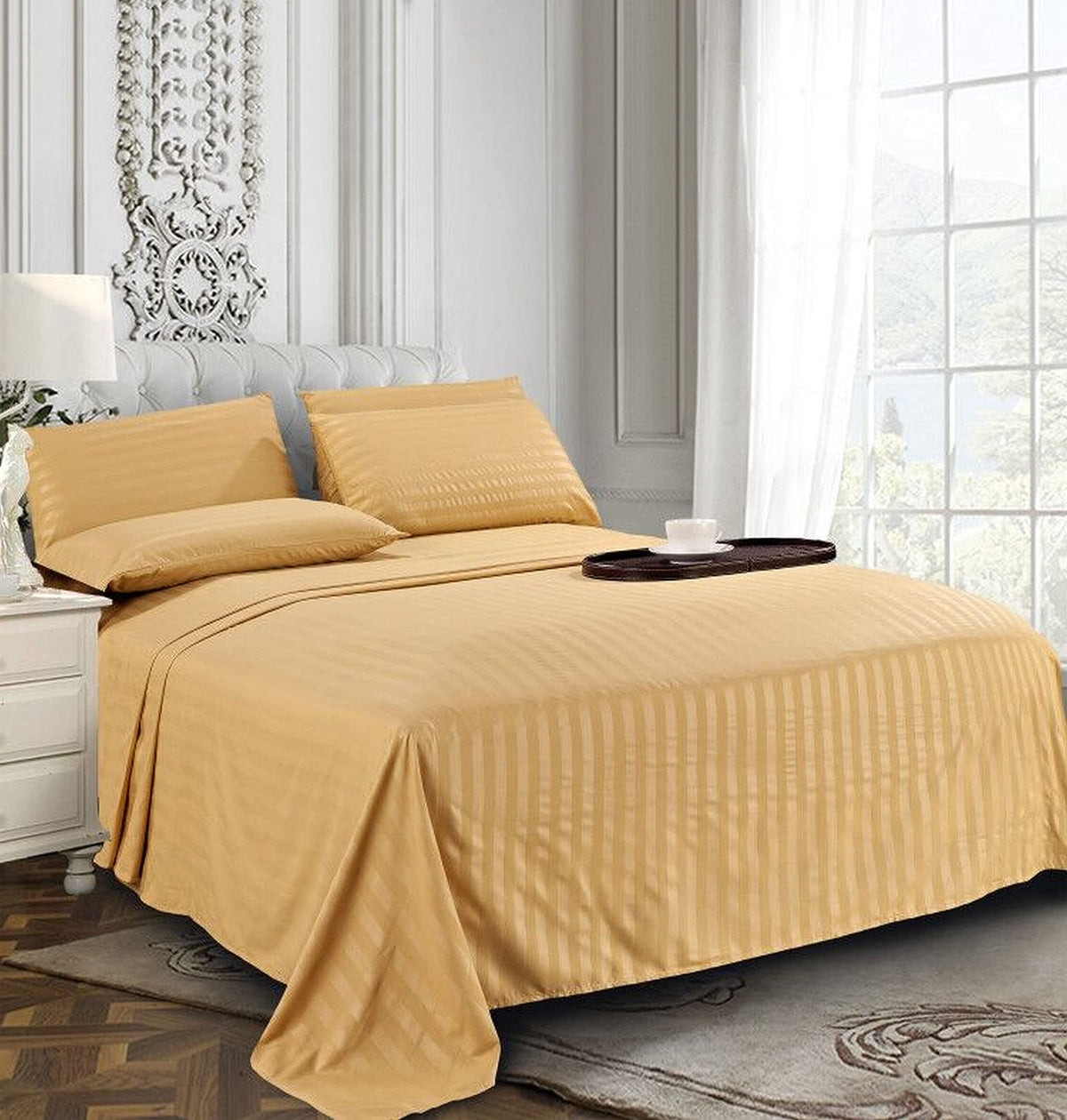 Deep-pocket fitted sheet fits mattresses up to 16 inches for a secure fit.