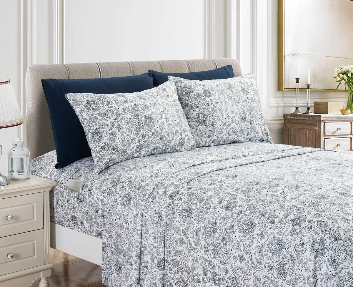 Elegant Comfort paisley pattern queen navy displays vibrant, fade-resistant color for lush bedroom styling.