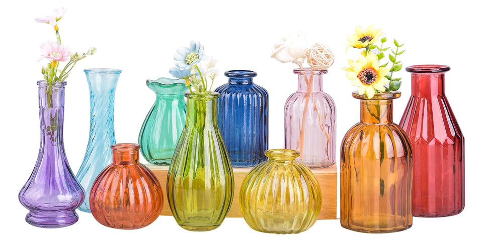 Eleganttime colorful bud vase set enhances tabletops with vibrant textures for any event
