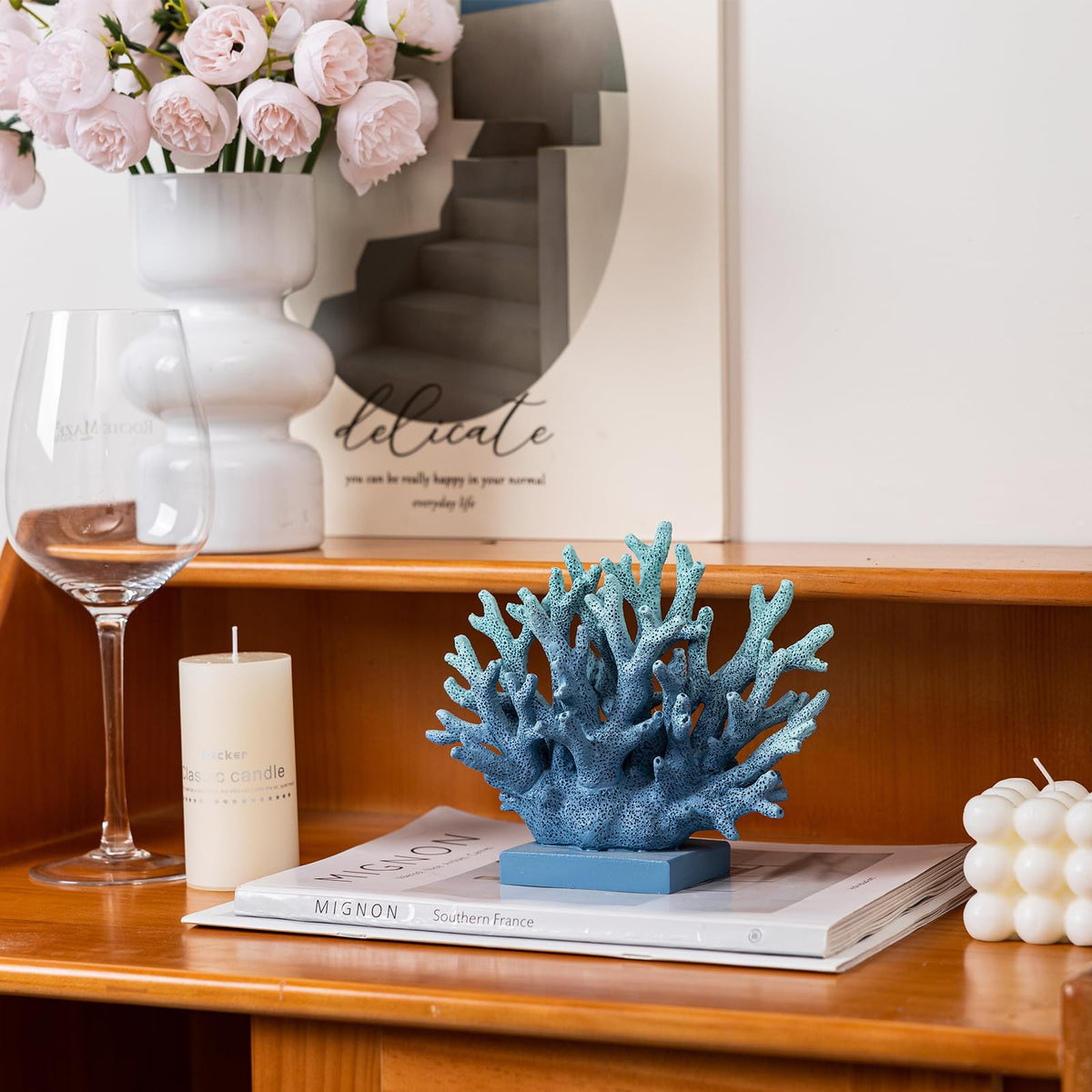 Elegondrar coastal tabletop coral ornament in blue suits beach-themed decor.