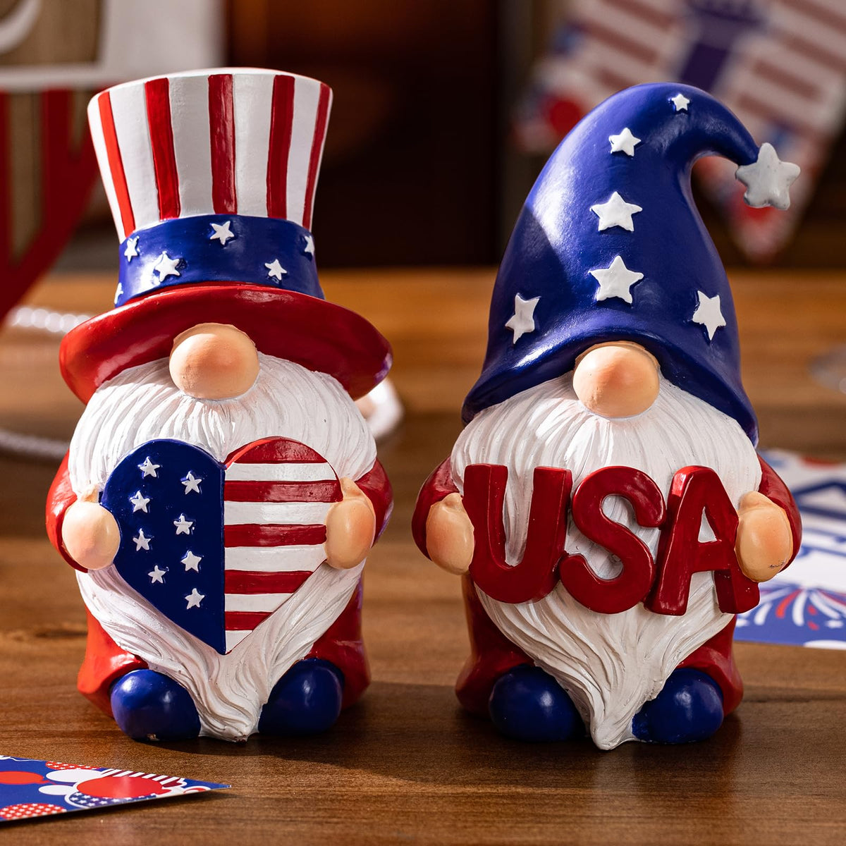 Elegondrar gnomes with USA sign create a focal point on shelves or centerpieces