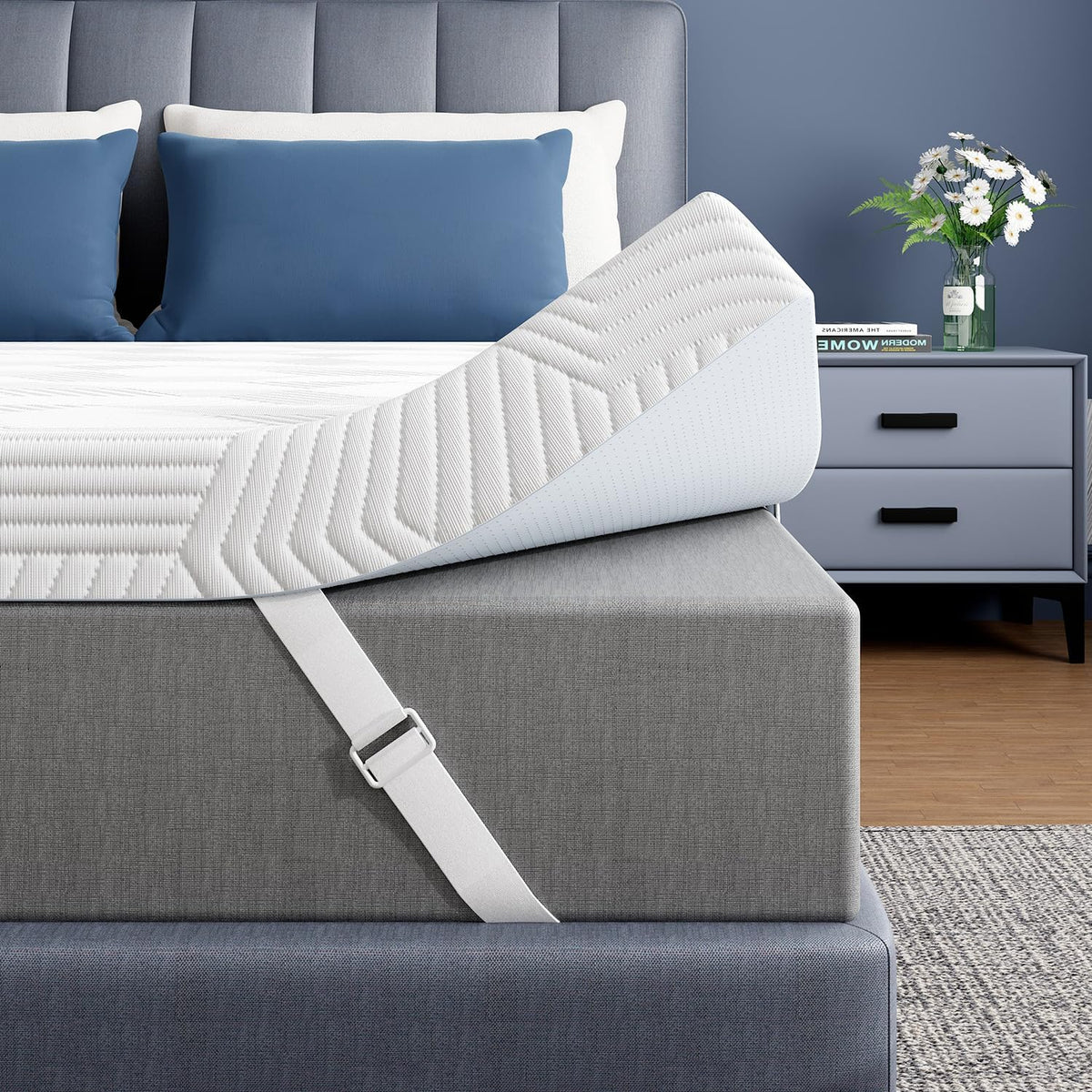 ELEMUSE 3-Inch Gel Memory Foam Topper close-up shows plush, cooling texture.