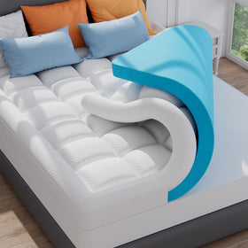ELEMUSE 3-inch queen topper on bed for plush support and better sleep.